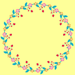 Cute flowers circle frame on yellow background