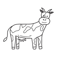 Vector illustration of cow isolated on white background. Hand-drawn cute cow. Farm animal. Vector illustration. Doodle style.