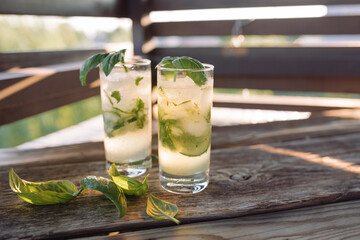 Cocktails with tonic, cucumber and basil. Copy space. Relaxing at home.