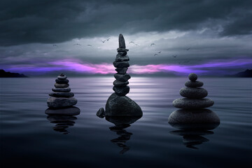 Zen stones in balance rising from the water - obrazy, fototapety, plakaty