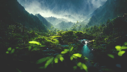 Exotic foggy forest. Jungle panorama, forest oasis. Foggy dark forest. Natural forest landscape. 3D illustration.