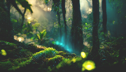Exotic foggy forest. Jungle panorama, forest oasis. Foggy dark forest. Natural forest landscape. 3D illustration. - obrazy, fototapety, plakaty