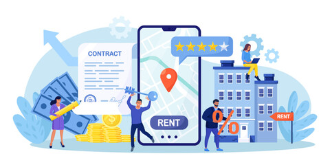 Mobile phone with real estate agency application. People rent or sell apartments with smartphone app. Rent property, buying house. Mortgage loan, investment. Selling, tenancy, purchase dealing home - obrazy, fototapety, plakaty