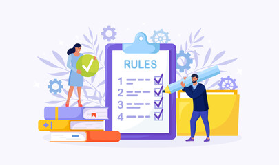 Business people studying list of rules, reading guidance, making checklist. Tiny businessmen get to know company order, restrictions, law, regulations