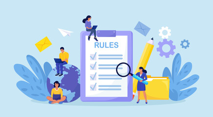 Business people studying list of rules, reading guidance, making checklist. Company order, restrictions. Rules in the document, regulations. Agreements and principles of work in office