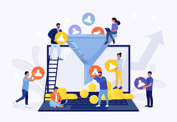 Process of communication, attracting customers, followers, making profit. Sales funnel of leads, prospects on laptop. Business strategy. Monetization tips. Increasing conversion rates SMM strategies - obrazy, fototapety, plakaty