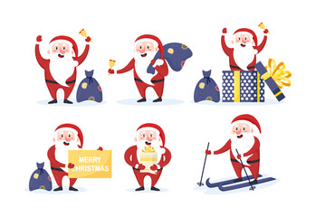 Set of Santa Claus ringing a bell with sack with gifts, presents on back. Grandfather skiing and hurry to christmas holiday with surprises for children. Merry Christmas and Happy New Year