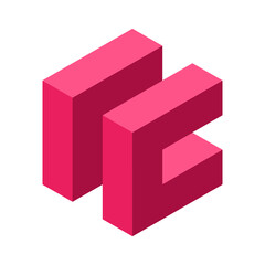 3D letters IC logo template. Red abstract cube shape. Geometric square object. Isometric letters I and C. Corporate logotype. Architecture block design element. Vector illustration, flat, clip art.