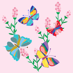 Cute butterflies and summer flowers, beautiful pastel print, postcard, art, light lilac and purple shades. Vector illustration