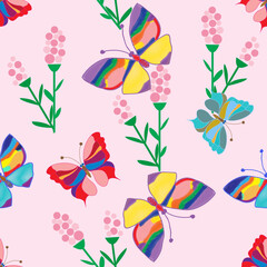 Cute butterflies and summer flowers, beautiful pastel seamless pattern, light lilac and purple shades. Vector illustration