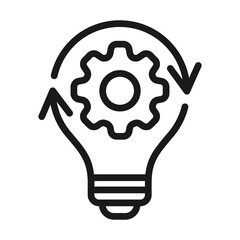 Lightbulb or innovation icon. Light bulb and cog inside line symbol  illustration