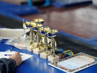 cups and diplomas on the table at sports competitions