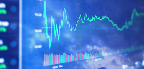 Stock market upwards chart on the screen. Selective focus.Low angle.Banner,advertisement.