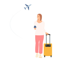 Woman  with suitcase on the background of airplane in the flight. Flat vector illustration.