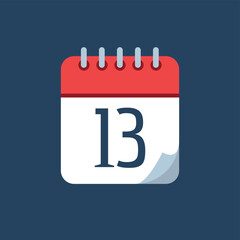 vector illustration of calendar with bent tip, red icon isolated on navy blue background, appointment schedule marking day 13.