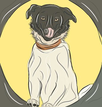 Happy cartoon puppy sitting, Portrait of cute little dog wearing collar. Dog friend. illustration