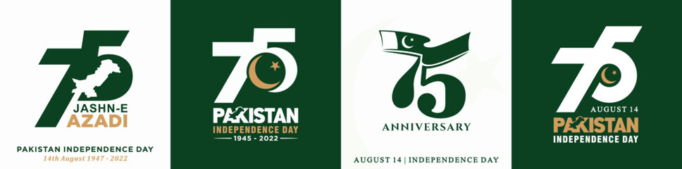 Karachi - August 14, 2022. Pakistan Jashn-e Azadi (Translation: Independence Day). 75 Years Anniversary. Jubilee logo. Vector Illustration. - obrazy, fototapety, plakaty