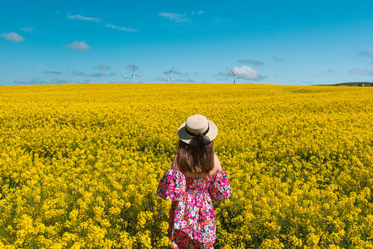 Beautiful girl with dress and hat in the Canola Fields. Blooming canola fields under a blue sky with clouds. Beautiful yellow flowers. Happy girl in nature.