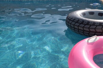 Fototapeta na wymiar inflatable mattress in pool
