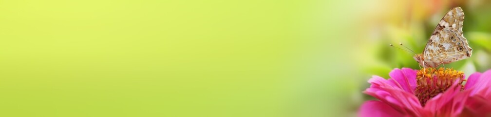 Obraz premium Beautiful A Monarch Butterfly feeds on a pink Zinnia flowers in garden on a summer day. Soft background. Copy space.Banner.