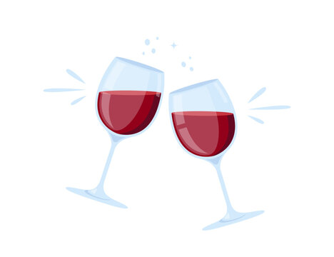 Two glasses of red wine. Cheers with wineglasses. Clink glasses icon. Vector illustration isolated on white background.