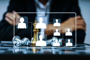 organization chart with chess piece on chess board game competition on business man background,...