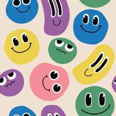 Funny seamless pattern with cartoon simple faces. Vector hand drawn illustration.