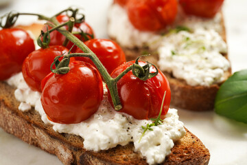 A sandwich with roasted cherry tomatoes with branch, fresh cottage cheese, green basil on a slice...