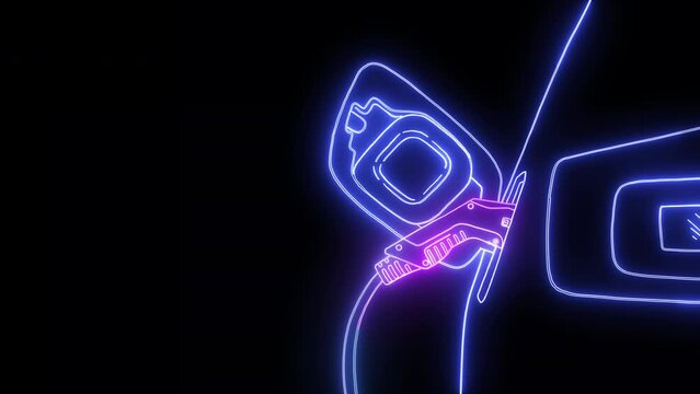Glowing Neon Light Electric Vehicle  Animation Design. Modern electric smart car charging at the charger station with a plug in cable Motion Animation. Eco Clean Energy Concept Neon Electric vehicle 