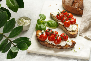 a sandwich with roasted cherry tomatoes with branch, fresh cottage cheese, green basil on a slice of whole wheat bread on a marble tray on grey background surrounded with green plant branches
