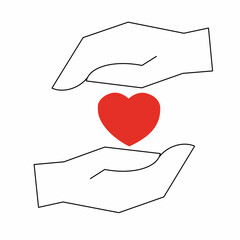 two hands protecting a red heart, isolated icon on a white background, love, mercy, kindness, health protection