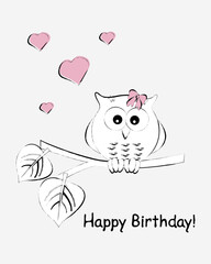 Gift birthday card. Owl with Happy Birthday! Birthday greeting card. Isolated on light background.