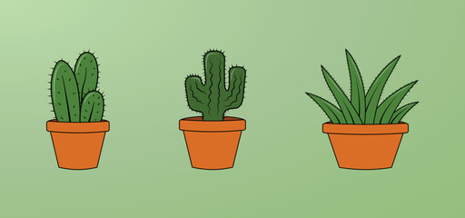 Decorative Table Cactus, Alow Vera Plant Set in Ceramic Pot Vector Illustration