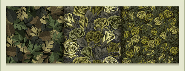 Set of green camouflage seamless patterns with roses, leaves. Dense composition with random overlapping elements. Good for t-shirt design, apparel, fabric, textile, sport goods, surface design