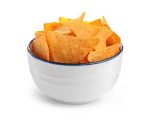 Bowl of tasty tortilla chips (nachos) on white background