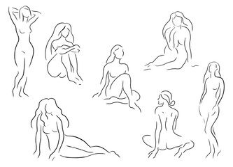 Hand drawn set of women's silhouettes. Outline nude sitting, standing, lying ladies. Sketching tender illustration. - 520194171
