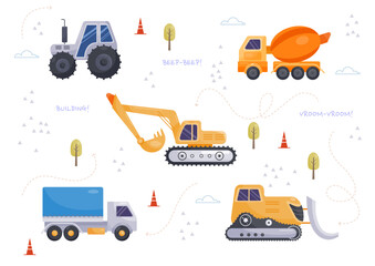 Set of cute cars. Stickers with kids bulldozer, tractor, excavator and truck. Design elements for printing on baby clothes or wallpapers. Cartoon flat vector collection isolated on white background © Mental Health