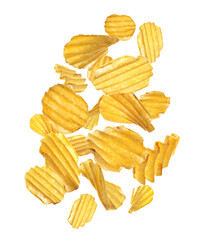 Ridged crispy potato chips flying on white background