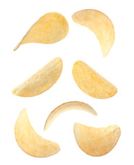 Set of fried crispy potato chips on white background