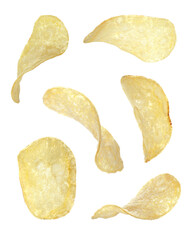 Set of fried crispy potato chips on white background