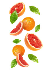 Tasty ripe grapefruits and green leaves falling on white background