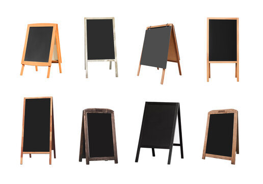 Set with blank advertising A-boards on white background. Mockup for design
