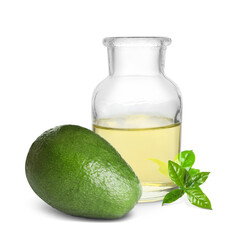 Cooking oil and ripe avocado on white background