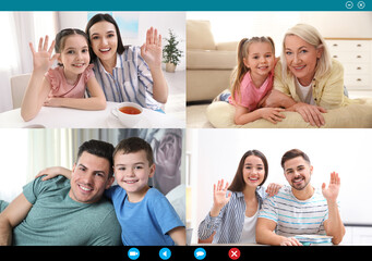 Happy family members having online meeting via videocall application - obrazy, fototapety, plakaty