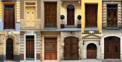 Collage with photos of old buildings with elegant wooden front doors. Banner design