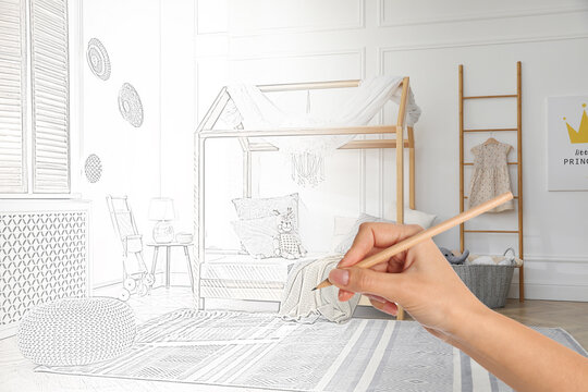 Woman drawing child's room interior design, closeup. Combination of photo and sketch