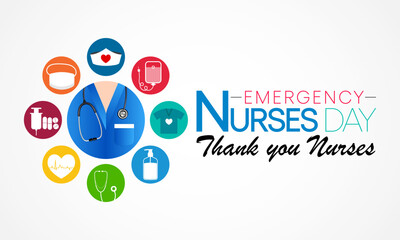 Emergency Nurses day is observed every year in October, ER nurses treat patients who are suffering from trauma, injury or severe medical conditions and require urgent treatment. Vector illustration