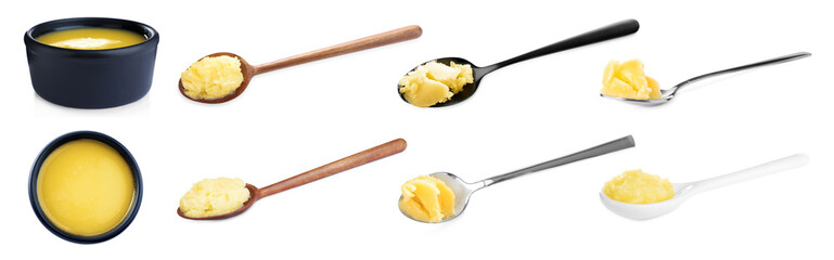 Set with tasty ghee butter on white background. Banner design