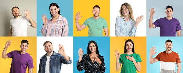Collage with photos of cheerful people showing hello gesture on different color backgrounds. Banner...