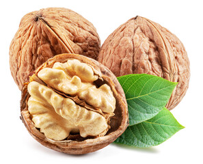 Walnuts, walnut kernel and green leaves isolated on white background.